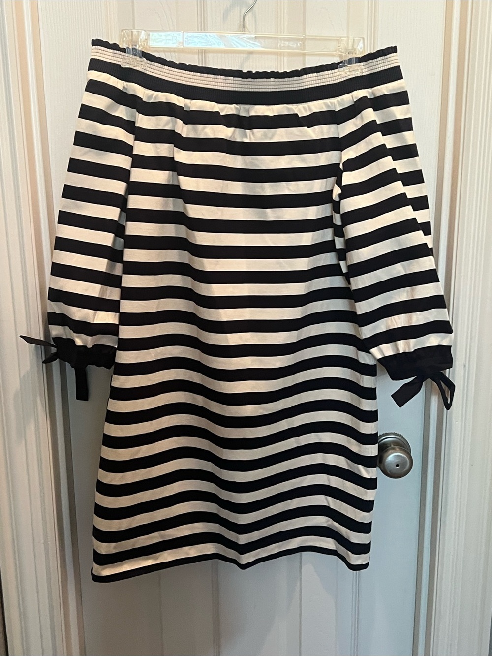 J. Crew Black and White Striped Off-Shoulder Dress